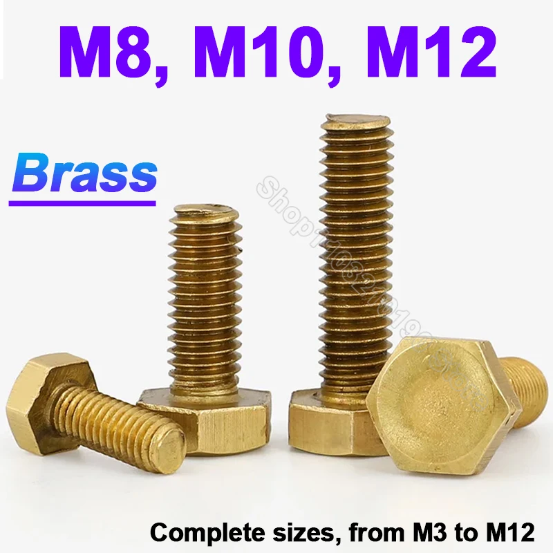 1/3/5Pcs DIN933 M8 M10 M12 Brass Hex Bolts Metric Thread Copper Full Thread External Hexagon Head Screws Length 16-100mm
