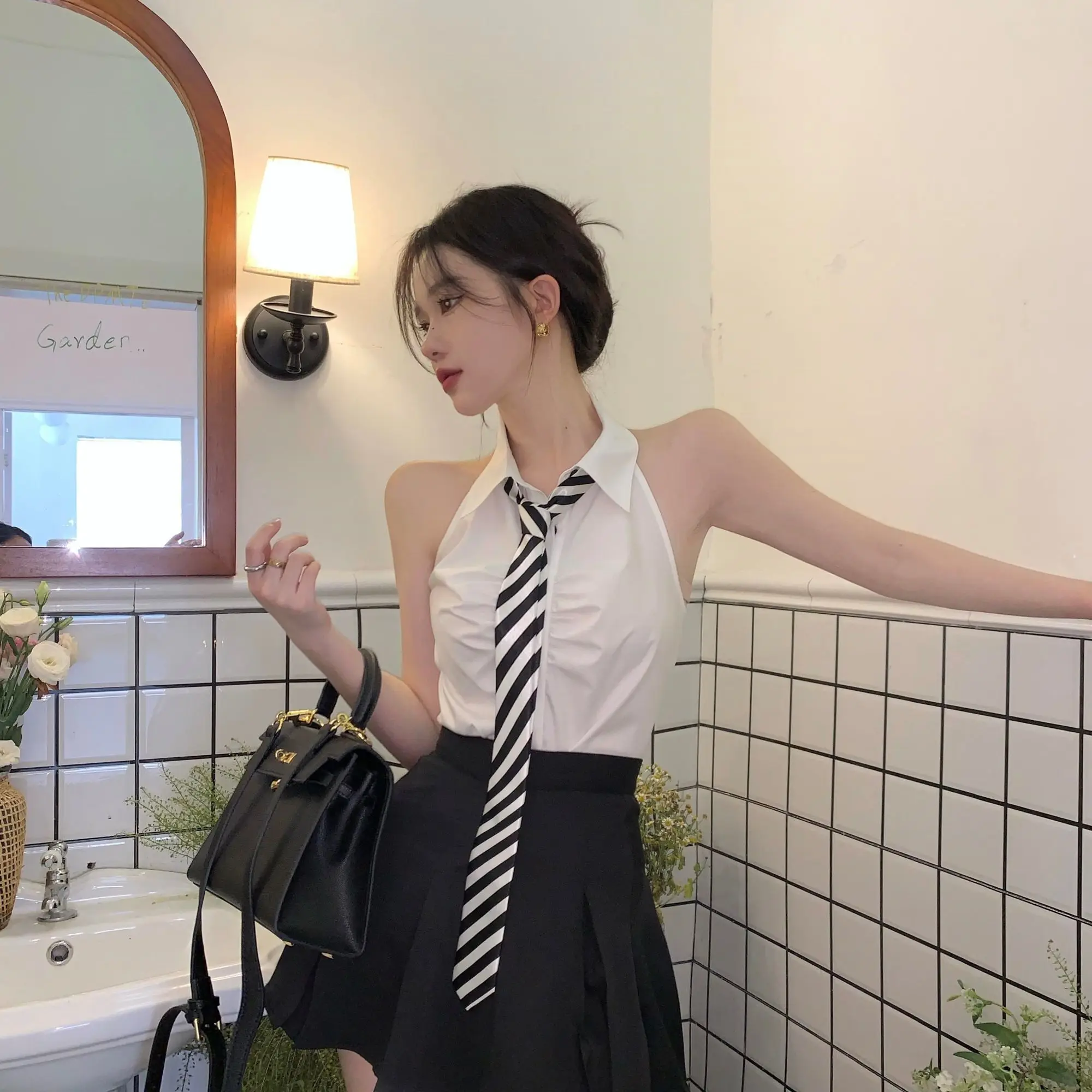 2023 summer japan korea style uniform sexy girls sleeveless fold design short shirt high waist half skirt two-piece jk set g844