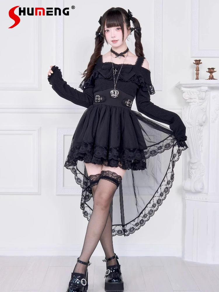 

Original Japanese Sweet Lolita Fake Two-Piece Dress Autumn New Mine Mass-Produced Girl's Big Bow Lace Train Off-Shoulder Dress
