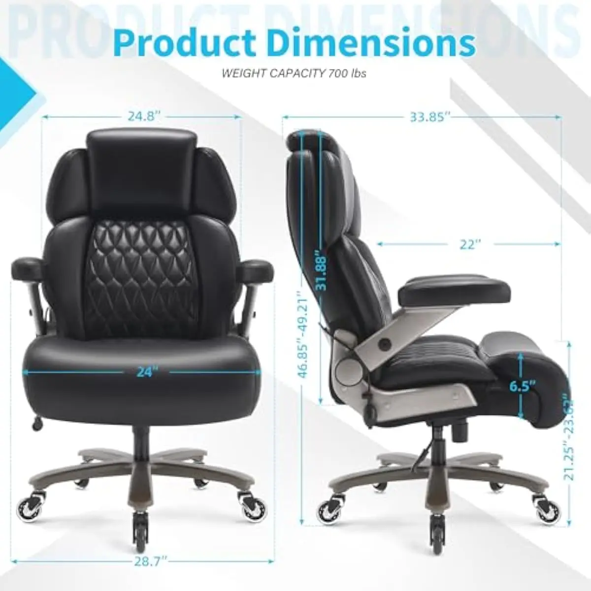Ergonomic High-Back Executive Chair for Big and Tall Users • 700lb Capacity • Adjustable Inflatable Lumbar Support • 3D Flip Arm