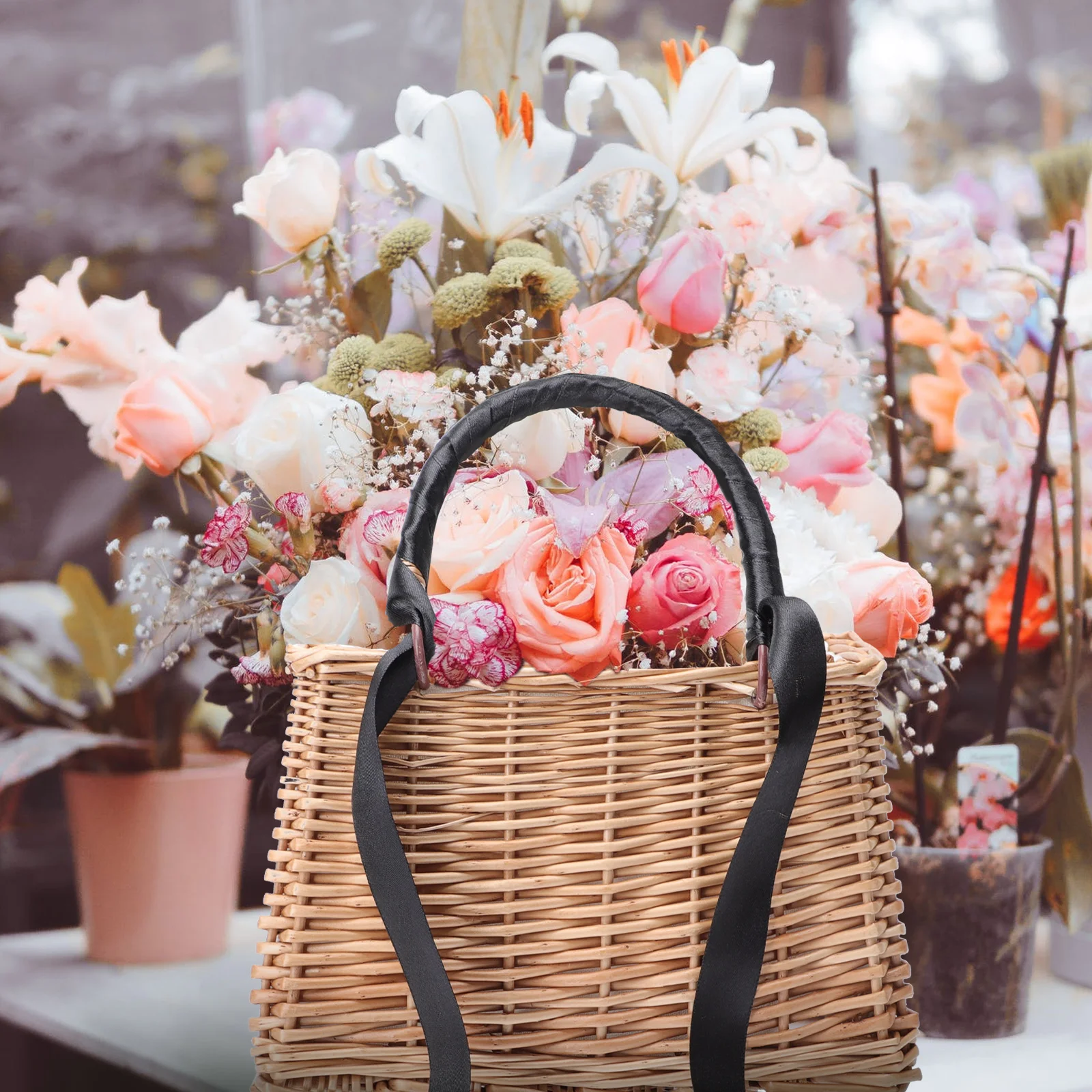 

Rattan Flower Basket Decorative Small Square Bag Organizer Packing Black Woven Delicate