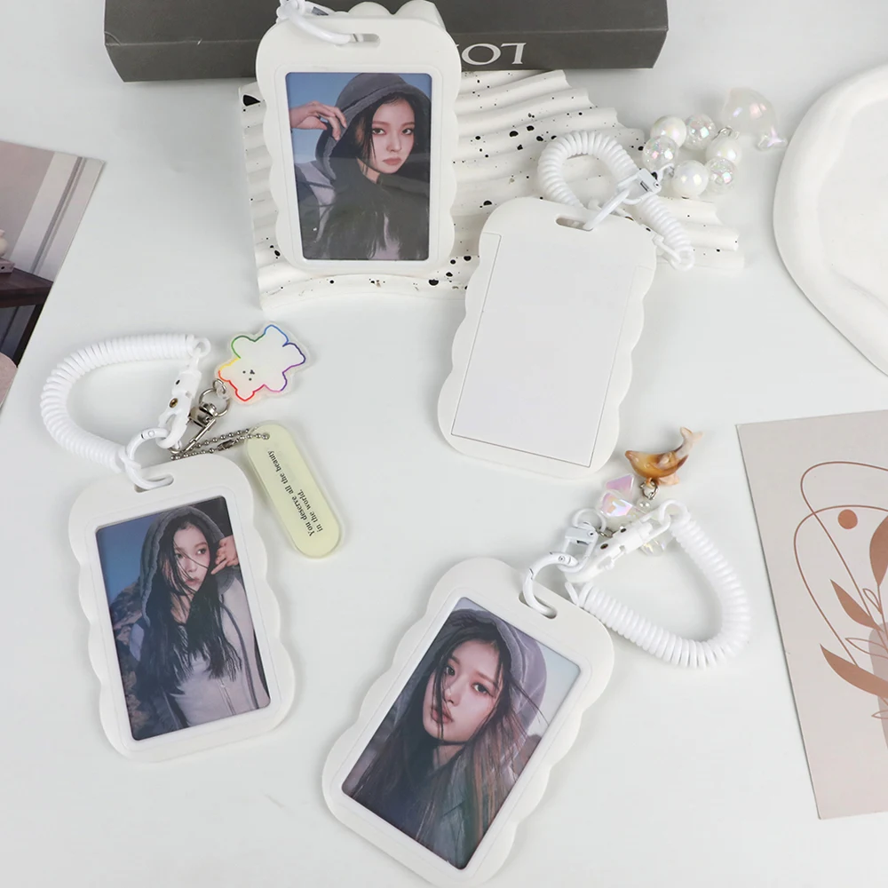 White Photocard Holder Students Sliding Photo Sleeves Cute Photocards Protector With Anti-Loss Chain Campus Card Set For Girls