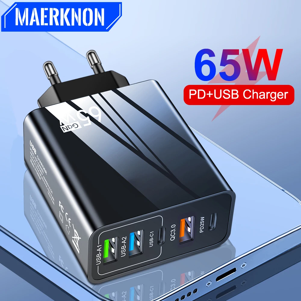 Cargador rápido USB de 5 puertos, adaptador de pared tipo C PD de 65W para iPhone 15, 14 Pro Max, Xiaomi, Samsung, enchufe europeo/estadounidense,