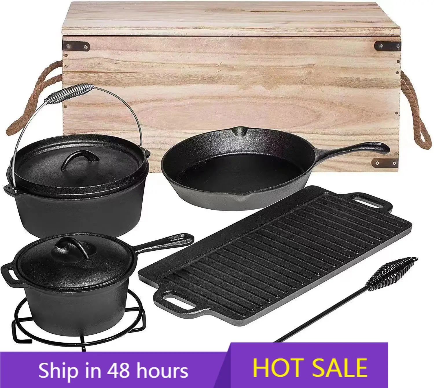 

Eco-Friendly Cast Iron Cookware Set for Outdoor Camping Luxury Design Including Dutch Oven and Frying Pan with Wooden Case