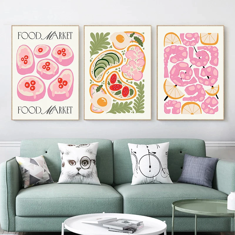 Minimalism Foods Posters Delicious Oyster Pink Ramen Bowl Shrimp Hot Dog Prints Canvas Painting Wall Pictures Home Kitchen Decor