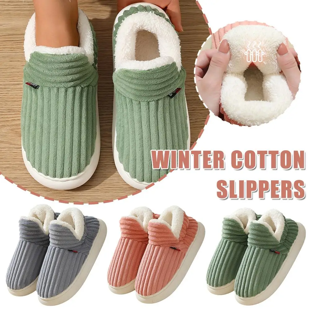 New Winter Concise Stripe Plush Slippers Children's Heel Wrap Cotton Sole Boys Warm Shoes Kids Soft Non-slip High Home Girl D2G9