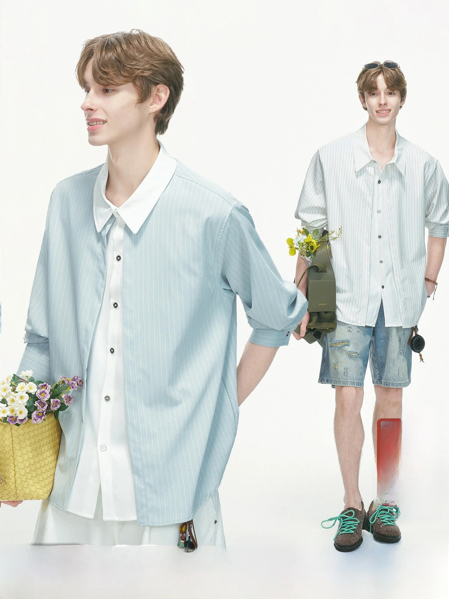 Dream Made American Style Men's Long Sleeve Striped Shirt Summer Commute Physical Sun Protection Loose Fit Fake Two-Piece