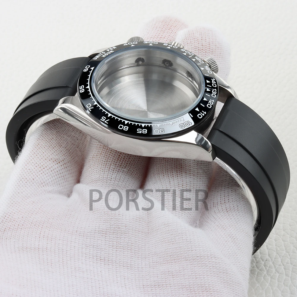 40mm Black/Silver Bezel VK63 Case Solid 316L Stainless Steel for Daytona VK63 VK64 Movement 29mm Dial Rubber Bracelet Waterproof