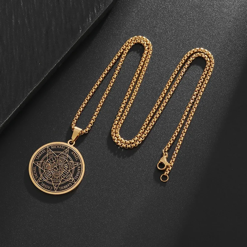 Seven Archangels Stainless Steel Compass Pendant Solomon Round Amulet Necklace for Men and Women Retro Punk Jewelry