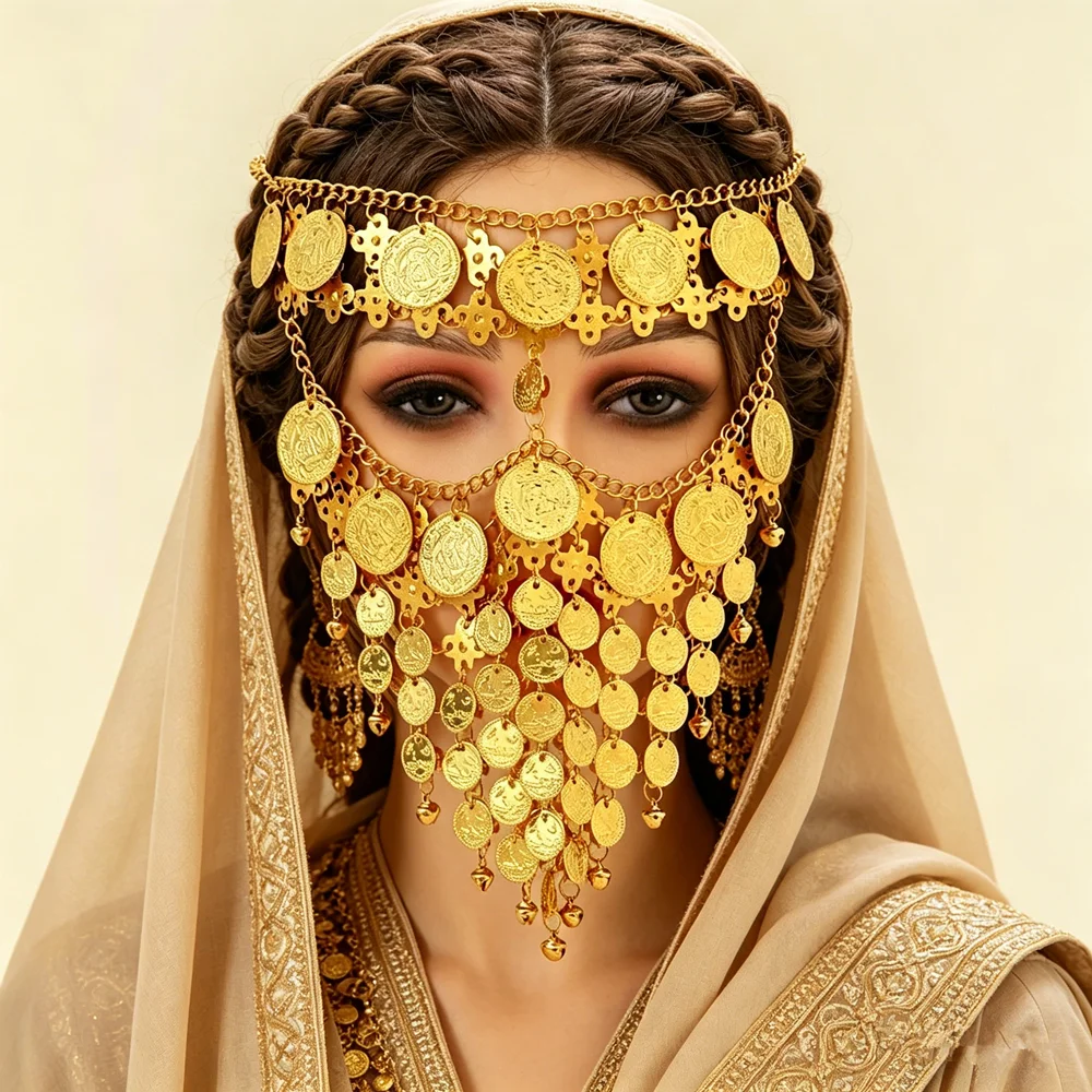 

2026 New Fashion Style Moroccan Ladies' Metallic Veil Circular Coin Design Traditional Arab Festival Robe Facial Jewelry