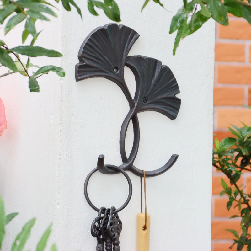 Farm House Ginkgo Leaves Cast Iron Wall Hook With 2 Hangers European Vintage Rustic Home Garden Wall Decor Plant Metal Wall Hook