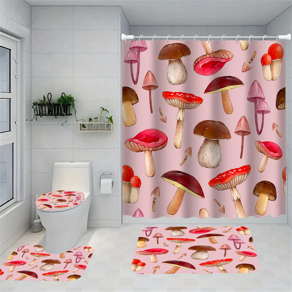 

1/4 грибные домашние занавески для ванной комнаты, украшение на сиденье унитаза, ковер для занавески для душа, занавеска для душа с ковром и чехлом для унитаза