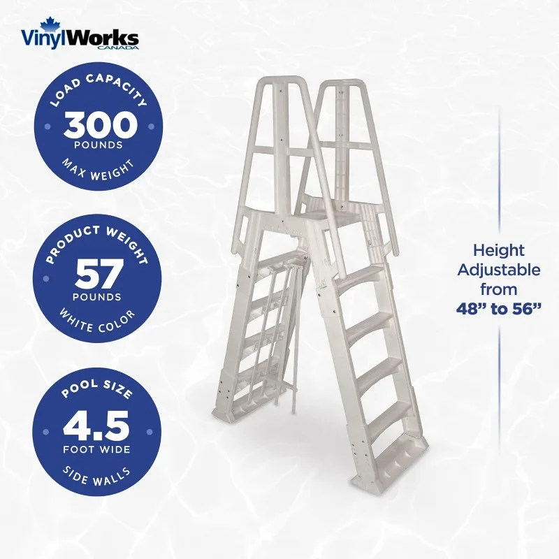 Vinyl Works SLA A-Frame 48 to 56 Inch Adjustable Above Ground Swimming Pool Ladder Entry System with Slide Lock Barrier,Handrail