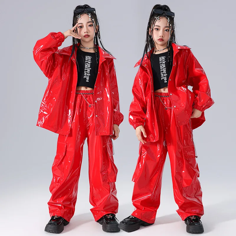 Traje de dança jazz infantil, conjunto de couro brilhante, colheita elegante exposto hip-hop menina dança de rua traje