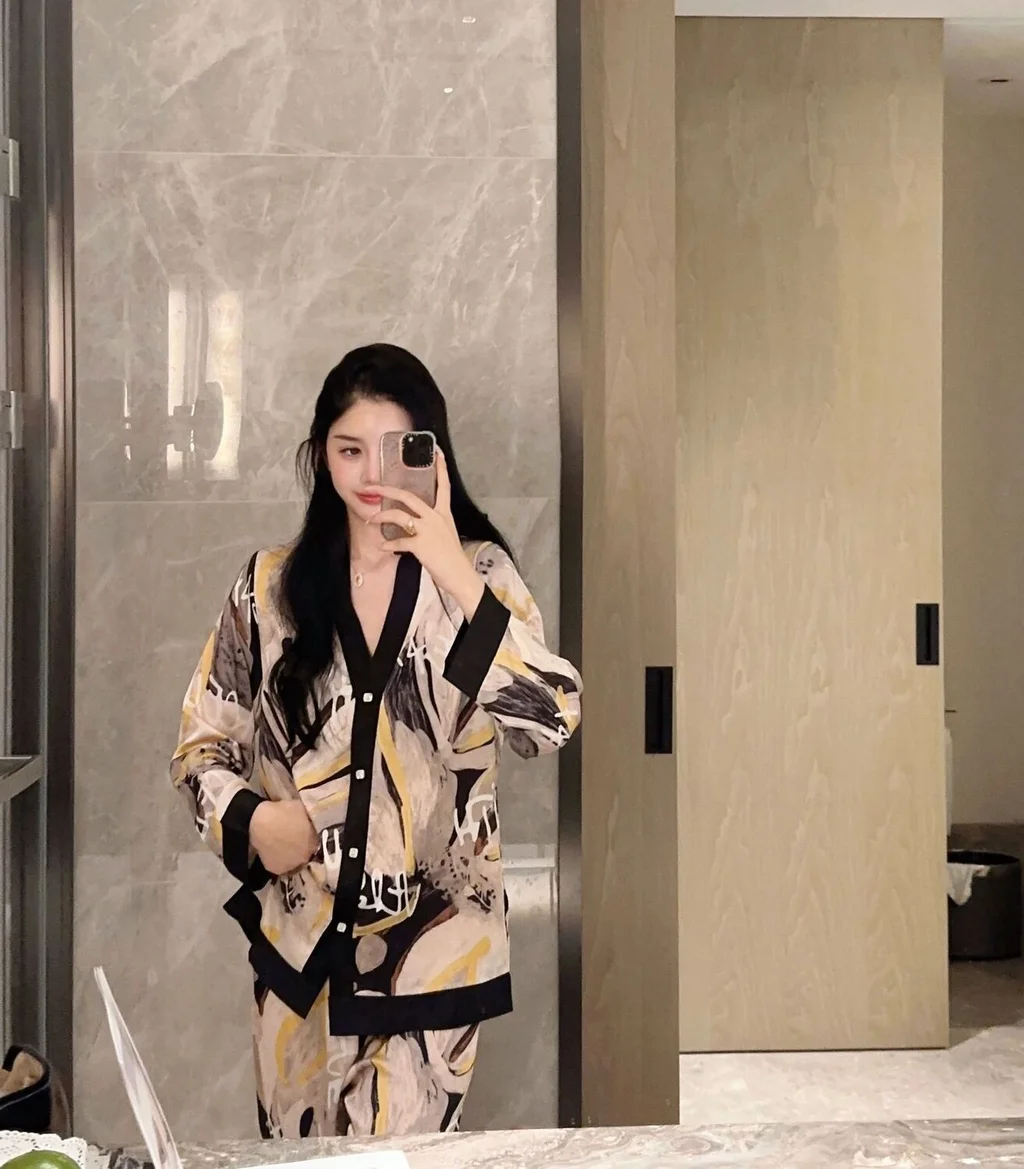 Lisacmvpnel Korean Fashion Women Pajama Set Ice Silk Long Sleeve Print Sleepwear
