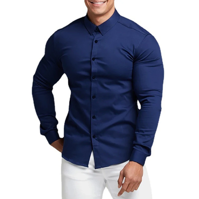 New Fashion Casual long Sleeve Solid Shirt Mens Super Slim Fit Male Social Business Dress Shirt Men Gym Fitness Sports Clothing