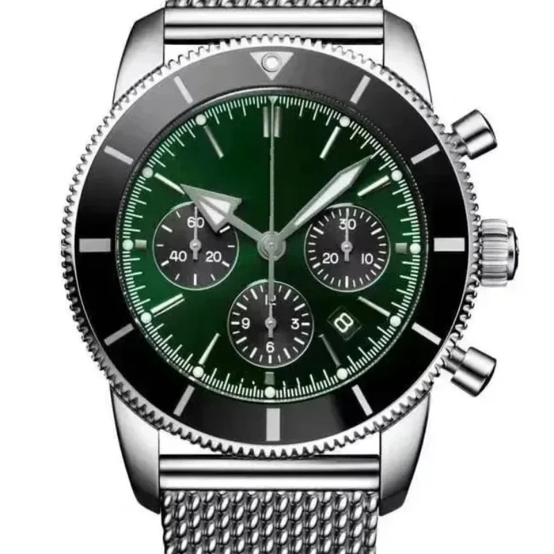 

46mm luxury men's quartz chronograph watch with super ocean black ceramic bezel, white ceramic dial, rubber sports watch.