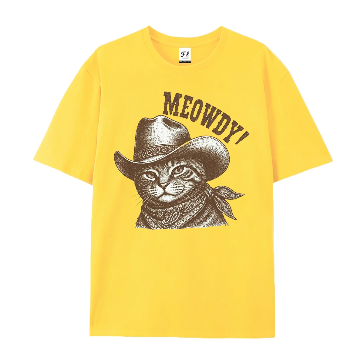 Meowdy Graphic T‑Shirt Retro Western Cowboy Cat Vintage Stipple Print Funny Country Kitten Meme Casual Unisex Short Sleeve Shirt