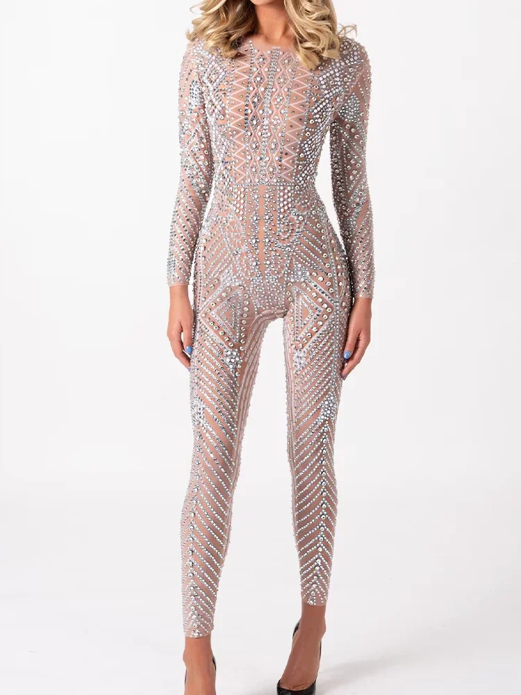 Luxury Show sexy rhinestone party mesh jumpsuit adult performance wear European and American fashion women's clothing