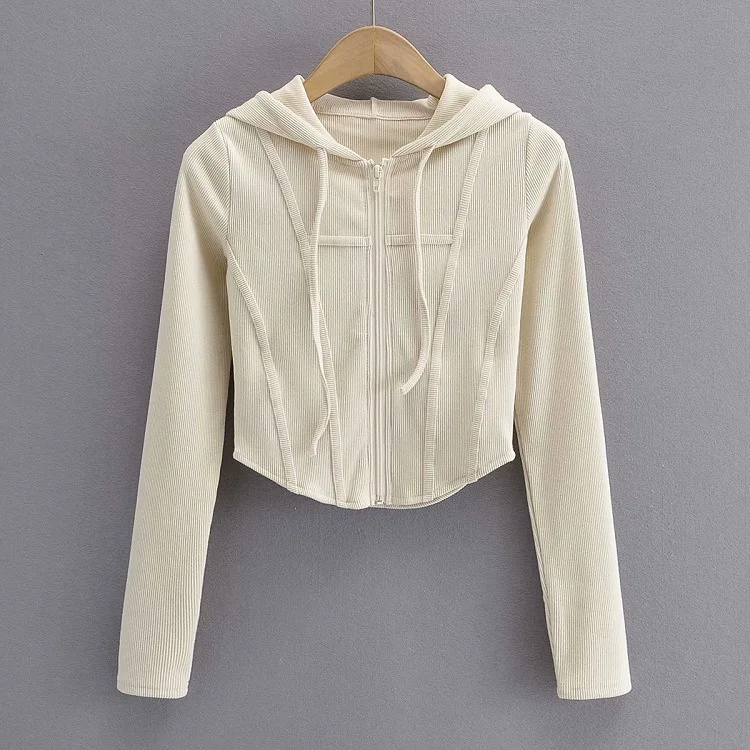 

Women Zip Up Crop Fitted Top With Curve Hem and Tapes Detail Fashion Long Sleeve Jacket Coat