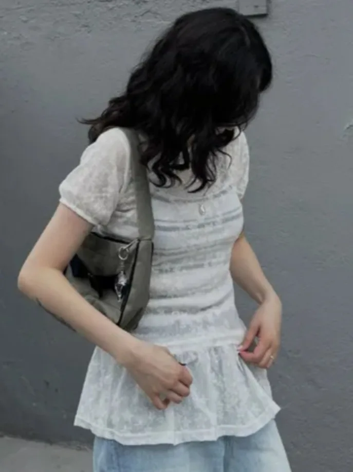 

Summer Y2K Cute Star Soft Lace Hollow ort Sve Dstring Skirt Long Women's Top Sweet Sle Bubble Sve round Ne Pul...