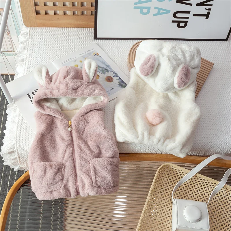 Children Fleece Warm Vest Kids Winter Cute Animals Shape Hooded Waistcoats Girls Outdoor Thermal Thick Plush Soft Clothes 1-6Y