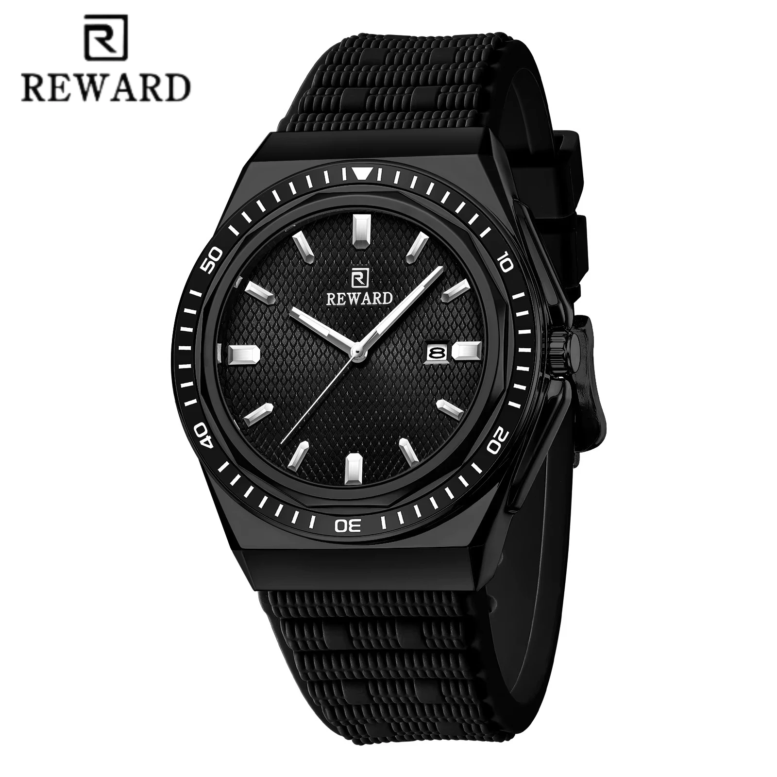 REWARD 634162 Men's All Black Watch Simple Texture Dial Three Needle Date Display Rubber Strap Sports Quartz Watch Waterproof