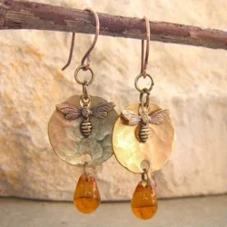 Vintage Gold Copper Color Earrings for Women Round Bee Jewelry Dangle Earrings Party Gift