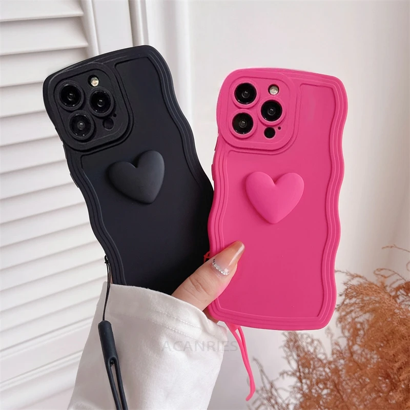 Love Heart Wavy Wrist Strap Silicone Case For Iphone 11 12 13 14 15 Pro Max Mini  7 8 Plus X Xs Xr 15pro 14plus Se Lanyard Cover