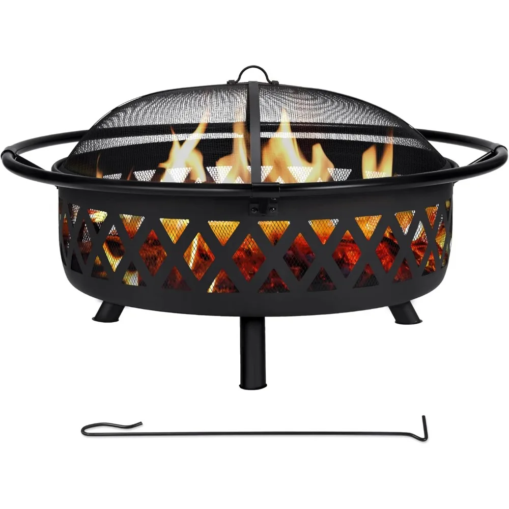 

42 Inch Outdoor Patio Wood Burning Fire Pit with Mesh Spark Screen and Fireplace Poker, Black