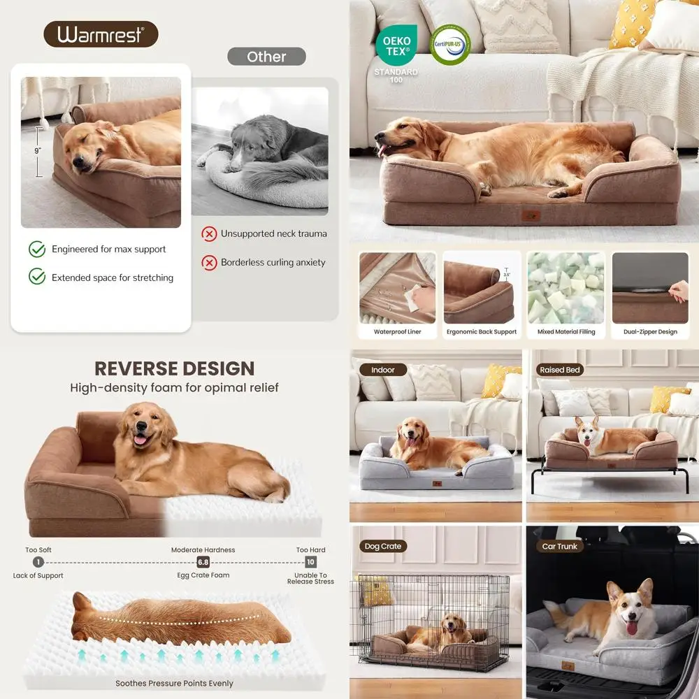 

Large Dog Orthopedic Sofa Bed, Waterproof Egg-Crate Foam with Flannel Cover, 42 Long, Removable Washable, Brown