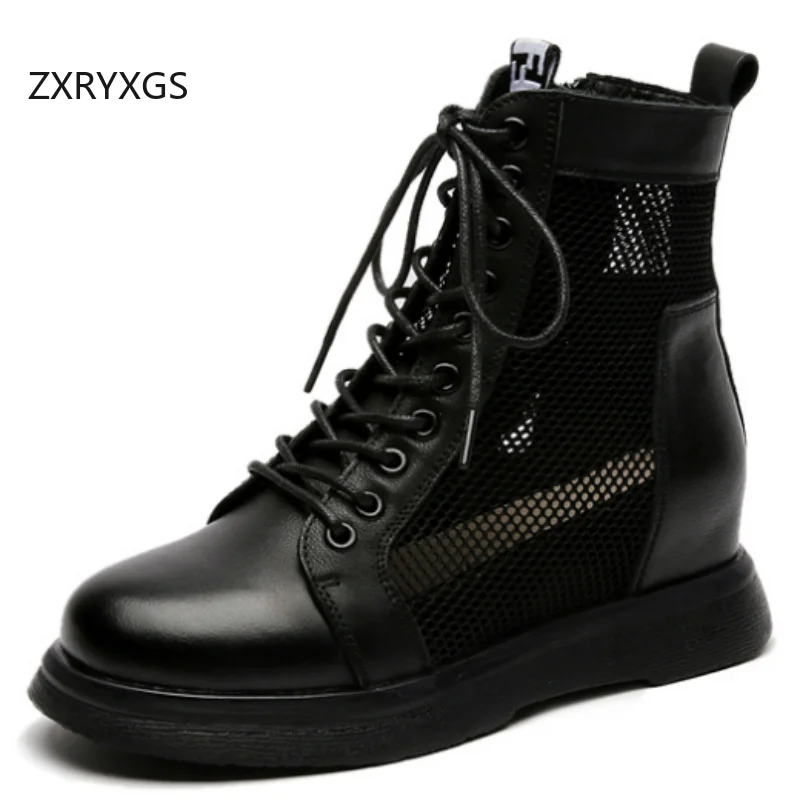 ZXRYXGS Premium Mesh Breathable Boots Flat Internal Elevation Black Shoes Trendy Boots Cross Straps Side Zip Women Boot New 2025