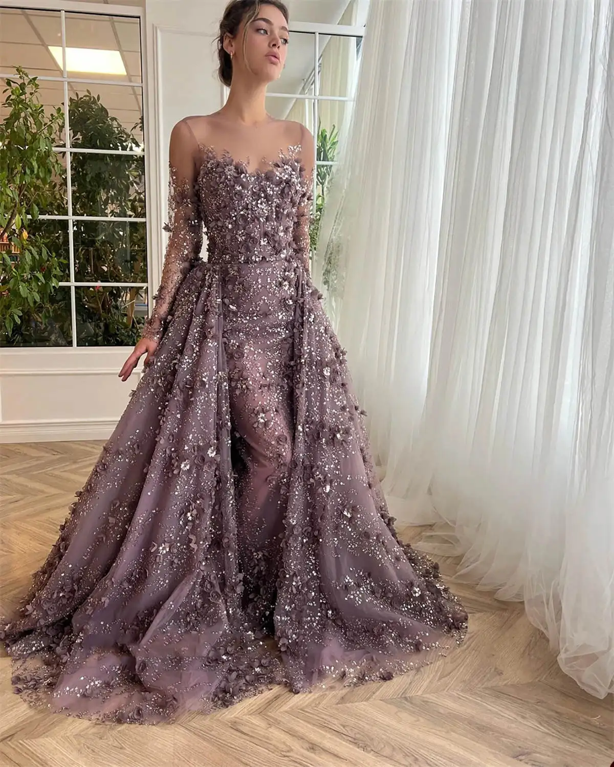 Exquisite Mermaid Prom Dresses 3D Flowers Appliques Evening Gowns Detachable Train Long Sleeve Custom Made Robes de soirée