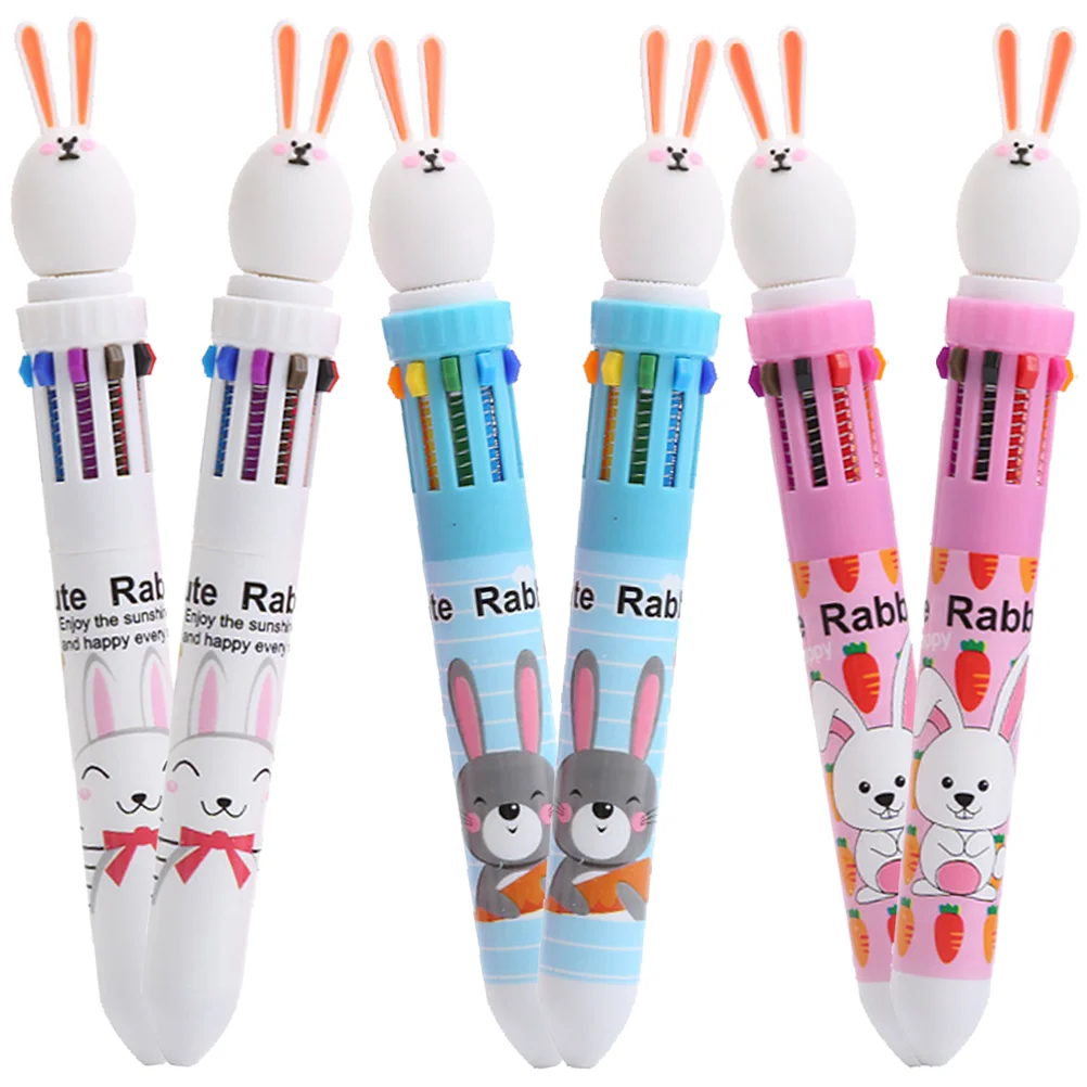 

6 Pcs Rabbit Ten Color Pen Ballpoint Pens Kawaii Drawing Portable Multicolor Household Writing Plastic Multi-function Child