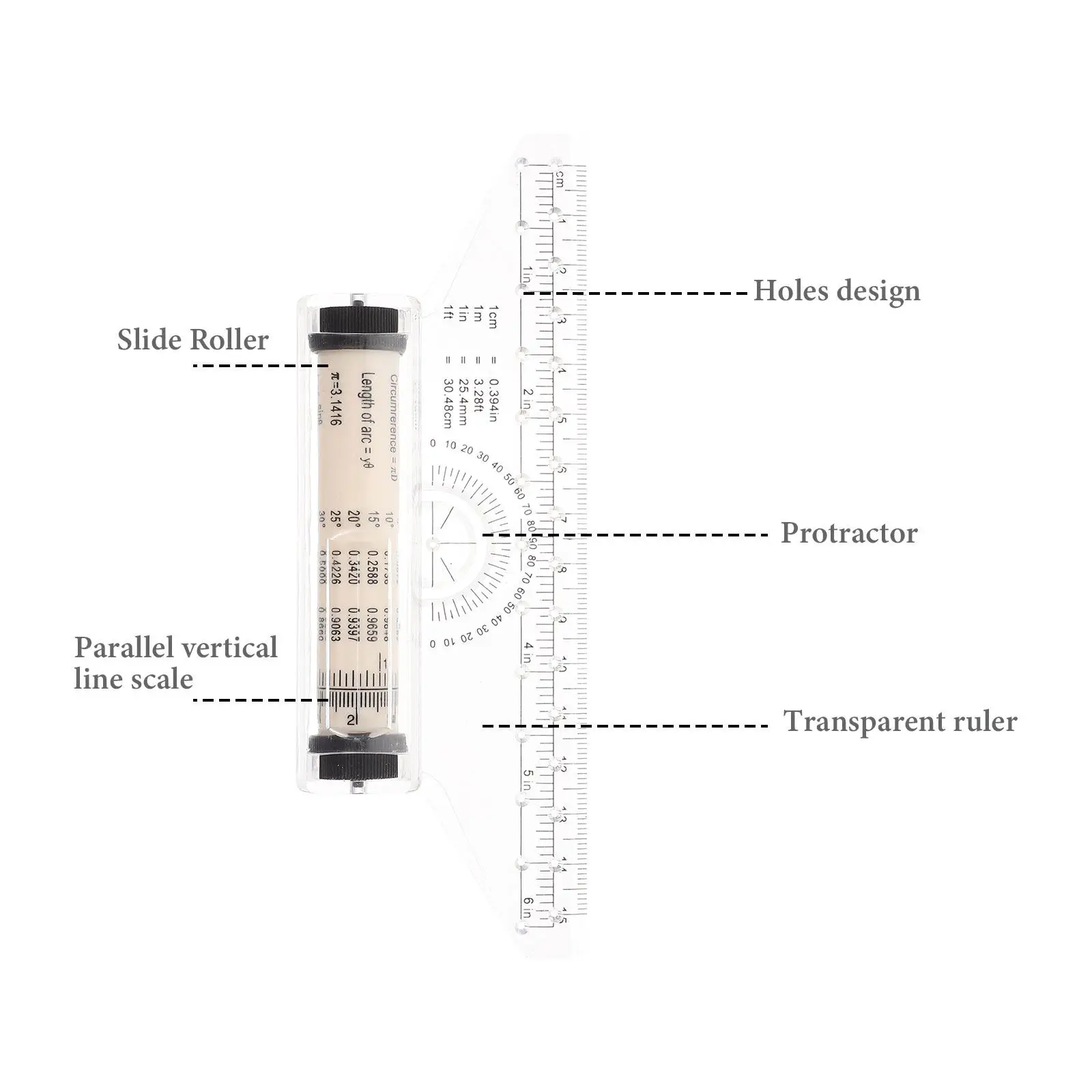 Multi-Functional Drawing Rolling Ruler Plastic Parallel Ruler for Accurate Line Drawing Circles Angles Graphs Musical Notes