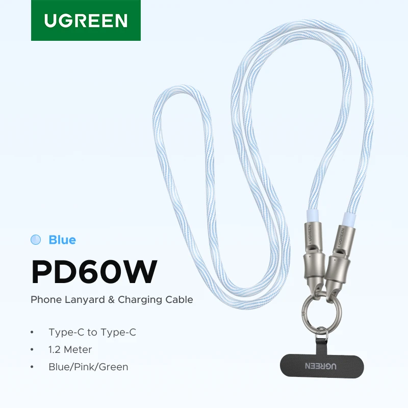 

Кабель для зарядки UGREEN PD60W USB-C с ремешком, двойной функциональный, 2-в-1, носимый кабель Type-C для путешествий, через плечо, для iPhone 17, Samsung