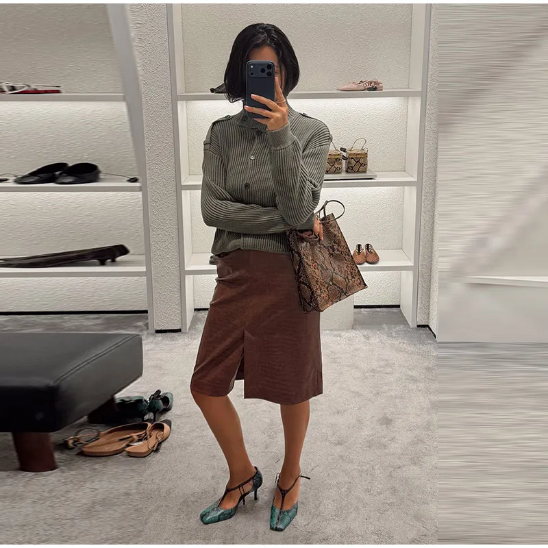 Crocodile Embossed Faux Leather Midi Skirt Front Slit High Waist Bodycon Pencil Skirt Women 2026 Autumn Vintage Fashion Outfit