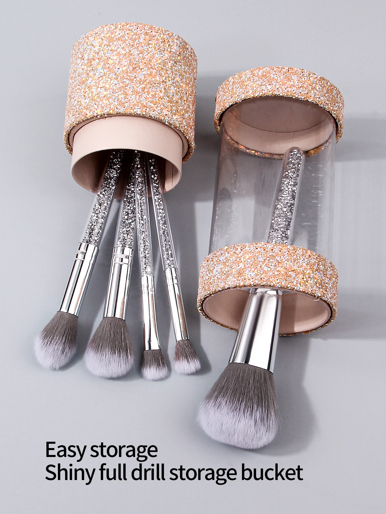 6PCS 고급스러운 메이크업 브러쉬 세트, 다이아몬드 핸들 루스 브러쉬 블러쉬 브러쉬 세트 + 대용량 보관 버킷