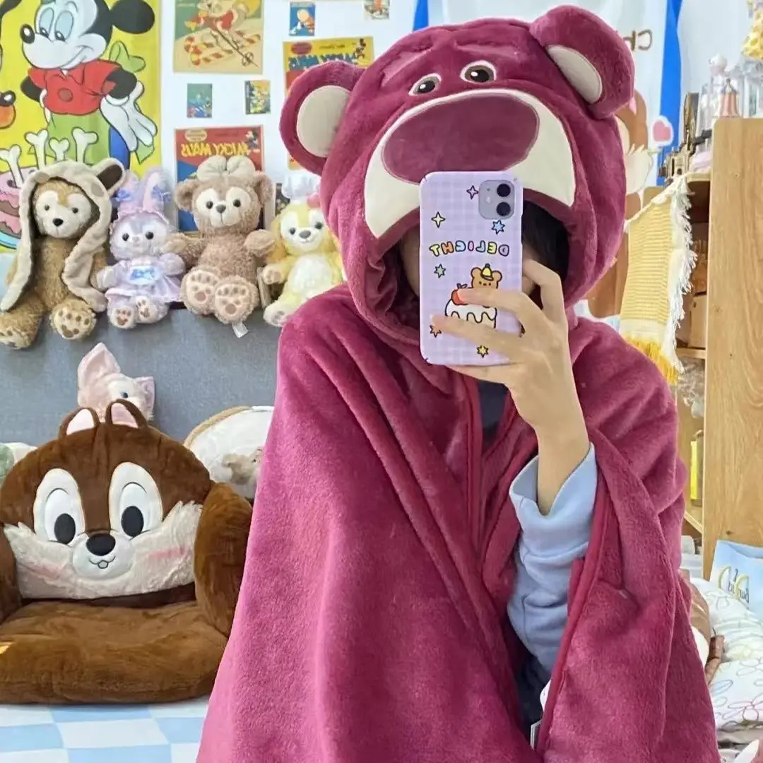 Disney Lotso Winnie the Pooh Stitch Cute Creative Cartoon Pattern Print Fashion Cloak Cape Air Conditioner Nap Hooded Blanket