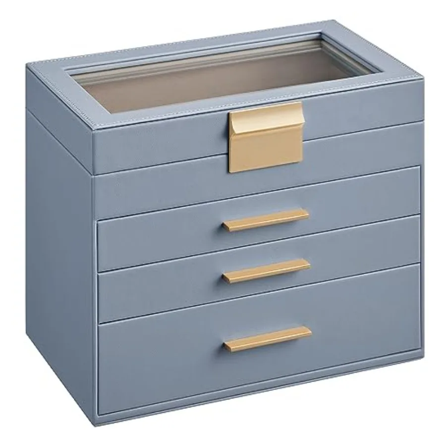 

Органайзер для шкатулок для драгоценностей со стеклянной крышкой. 4-слойное хранилище для ювелирных изделий с 3 ящиками. Современный стиль. Рождественский подарок. 6 x 9,9 x 8,5 дюймов см.