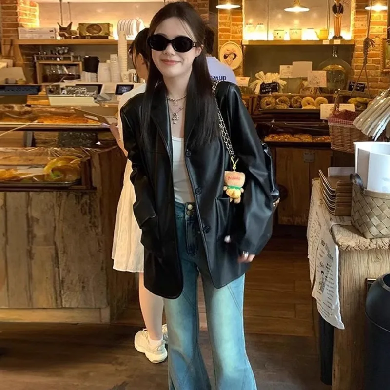 

Retro PU Leather Suit Jacket Women Fall Winter Elegant High Quality Black Blazers Mujer Fashion Loose Causal Outwear Coat