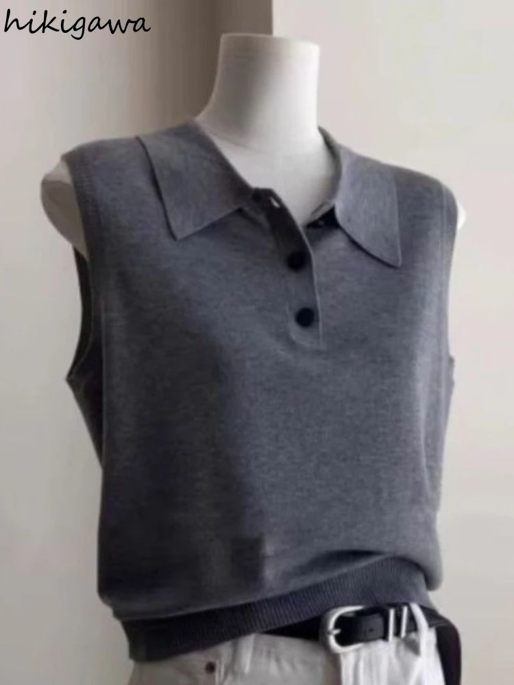 

Вязаный жилет, женская одежда, свободные майки без рукавов, 2023, Ropa Mujer, модные простые серые футболки с отложным воротником, повседневный жилет