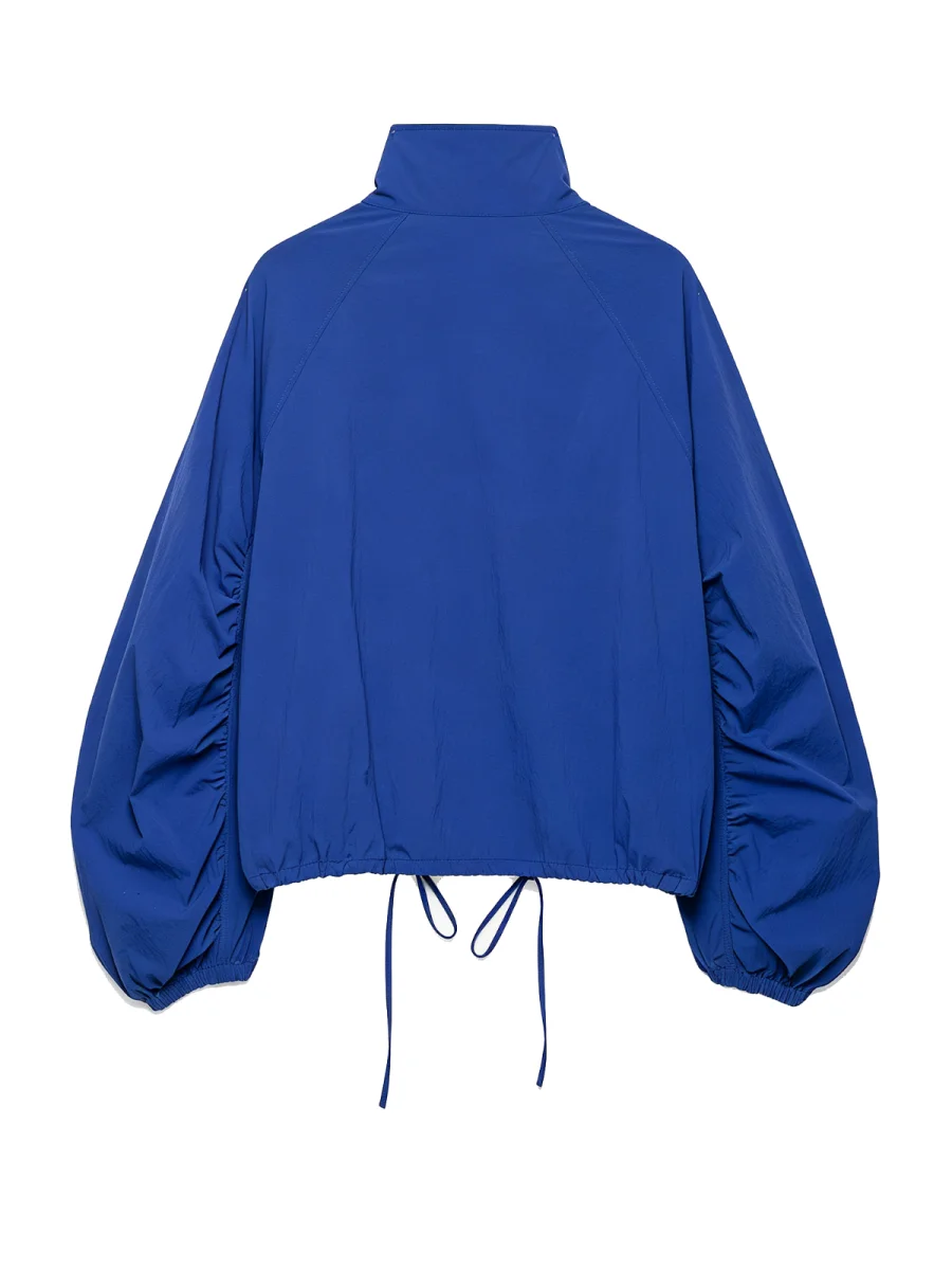 Women's Loose Fit Tech Fabric Jacket with Cord Drawstring Stand Collar Short Coat Button up Lantern Sleeve Autumn Outerwear