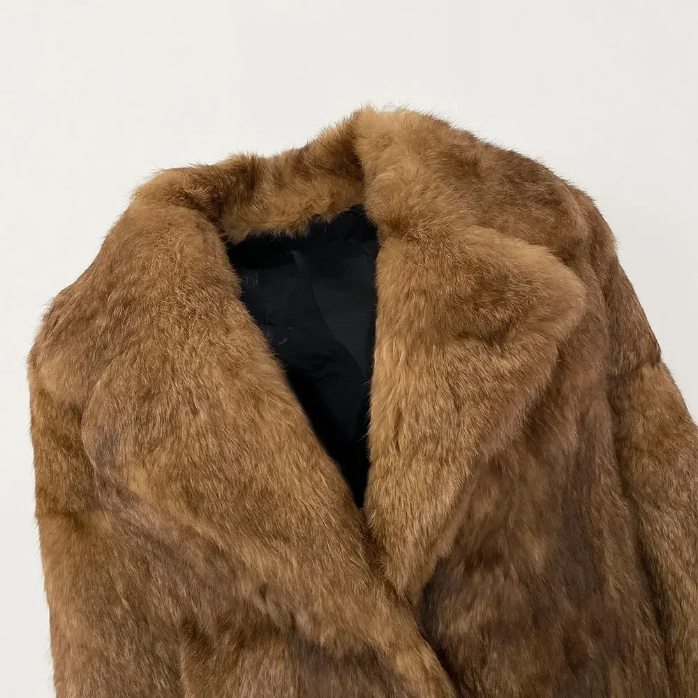 Mulheres street wear leopardo elegante real natural casaco de pele de coelho jaqueta de inverno grosso quente nova moda turn-down colarinho outerwear