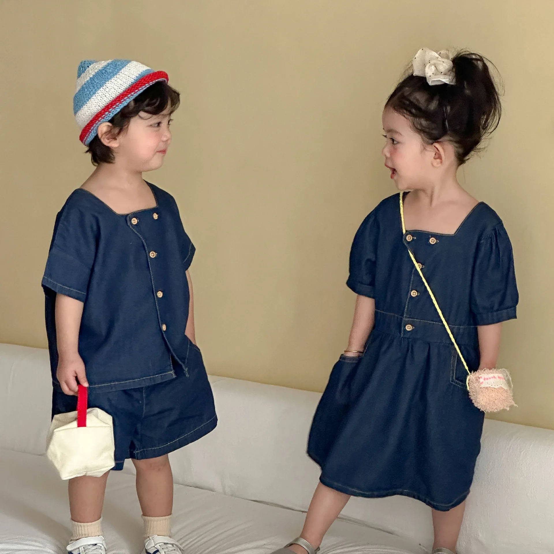 2026 Summer New Children Clothes Set Boys Denim 2pcs Suit Girls Casual Dress 2pcs Suit Brother Sister Costume Toddler Outfits