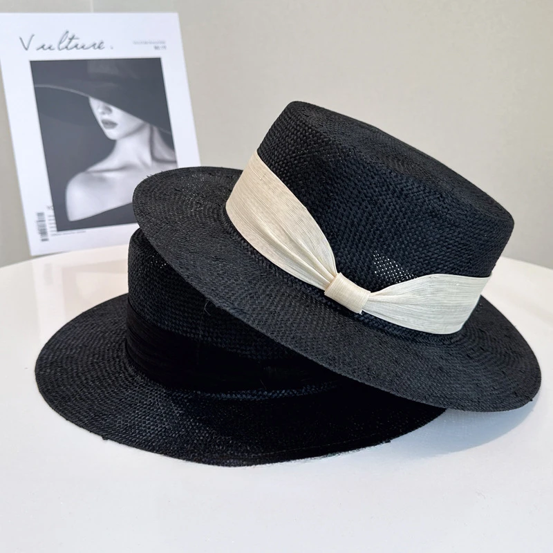 

Luxury Handwoven Philippine linen flat top hat Summer breathable sunblock straw hat High quality silk linen visor