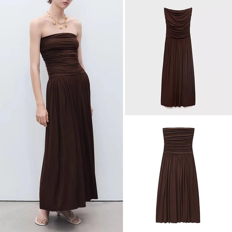 

Ele High Waist Long Dr ZA2025 Summer New Women's Faion Vaion Sle Brown Splicing Tube Top Slim Fit Pleated Dr