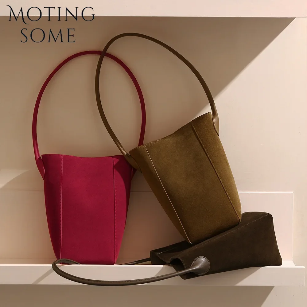 Motingsome Top Quality Suede Leather Bag for Women Underarm Shoulder Bucket Autumn New Lady Retro Handbag and Purses 2024