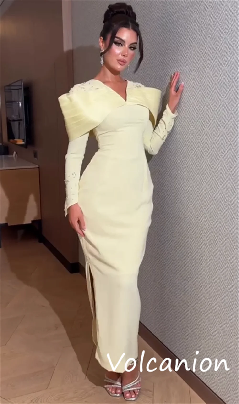 تخصيص كلاسيكي رائع جيرسي مطرزة الطية مستقيم الخامس الرقبة فساتين متوسطة الطول مناسبة مخصصة مطابقة #3