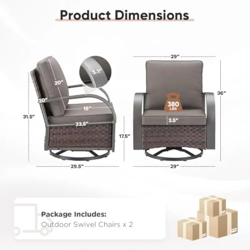 Outdoor swivel glider chairs set of two with 360° rotation and smooth rocking motion ideal for garden deck porch or sunroom use